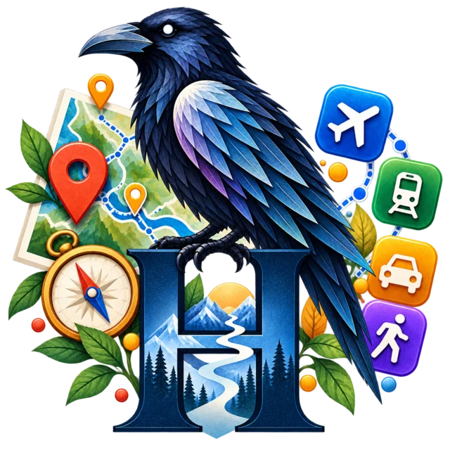 Huginn, the raven, perched on an H among a map, a compass and the ways a day is travelled