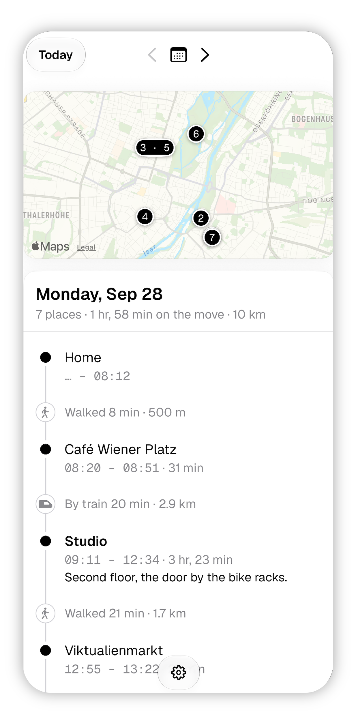 A day in Huginn: a map with numbered stops, then the stays and trips in order